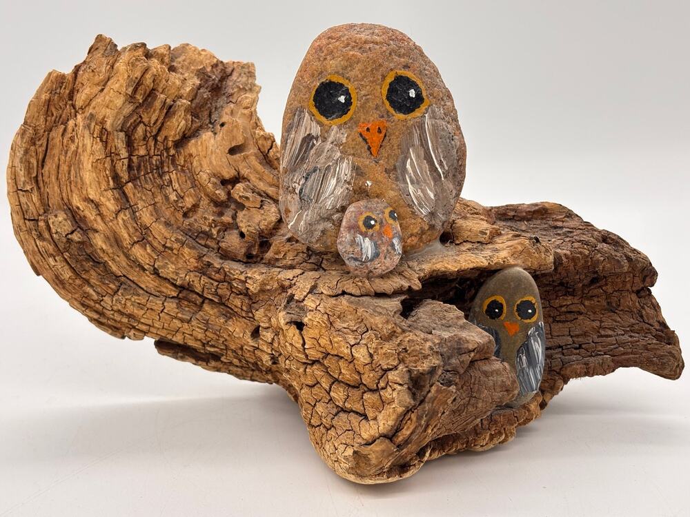 Vintage handmade & handpainted stone owl figures on driftwood folk Art kitschy